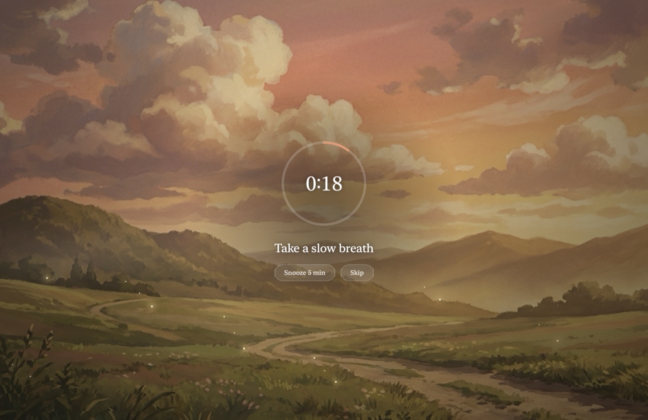 An Eye Rest break: a painted dusk landscape with a breathing-ring countdown and the words take a slow breath