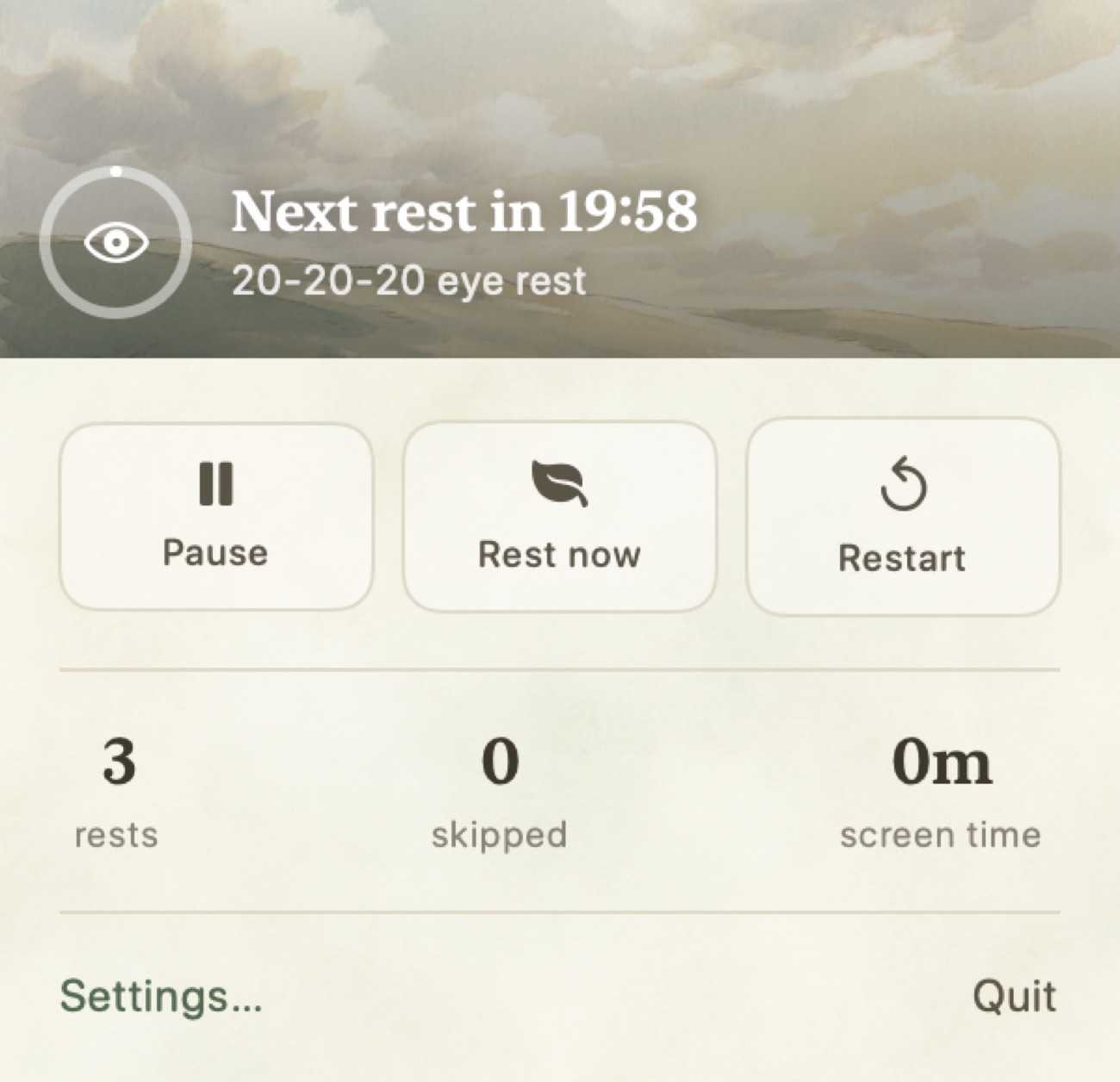 Eye Rest menu-bar popover showing the countdown to the next rest, with pause and rest-now controls and a streak