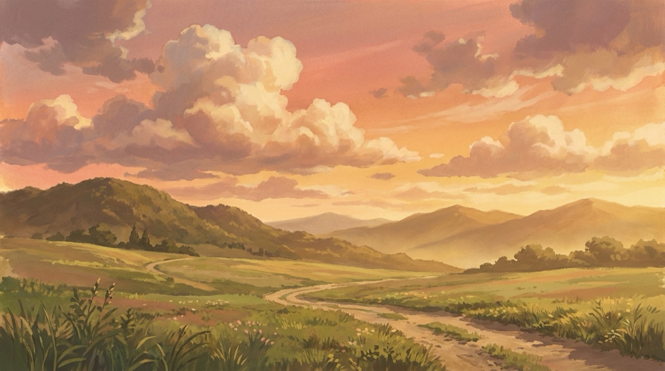 Golden dusk over rolling hills